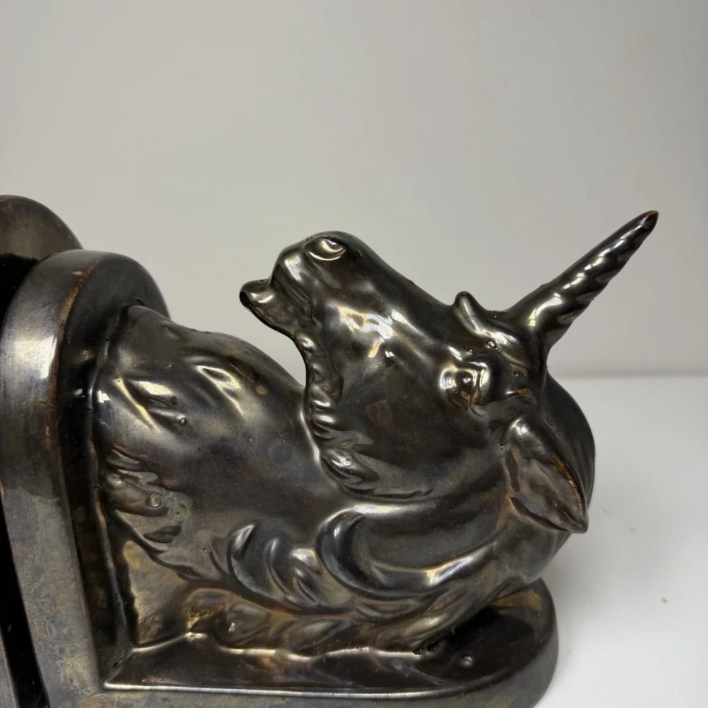 Set Of 2 VTG Ceramic Unicorn Bookends 80s Fantasy Bronze‎ Glaze Horn 7